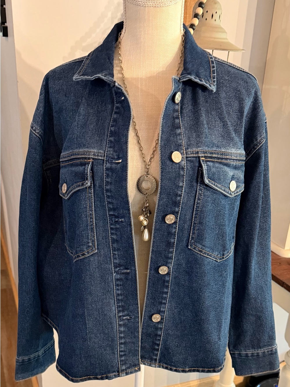 Women’s Dark Blue Denim Jacket with Chest Pockets